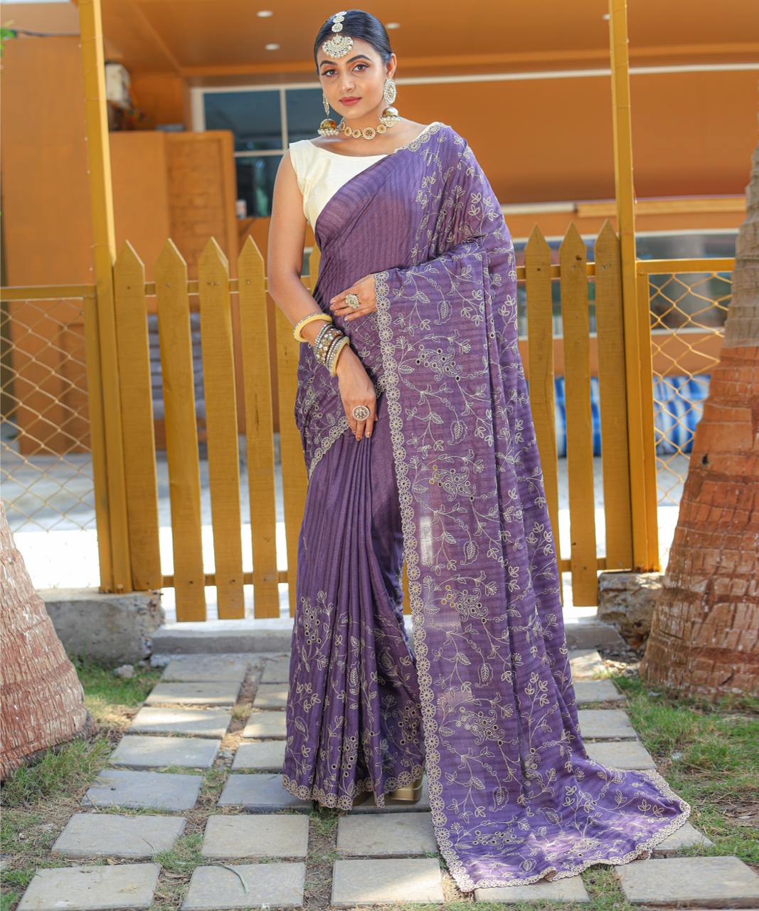 Women's Royal Prussian Blue Georgette Saree with Intricate Silver Thread & Mirror Work Embroidery – Perfect for Festive & Wedding Celebrations - Image 24